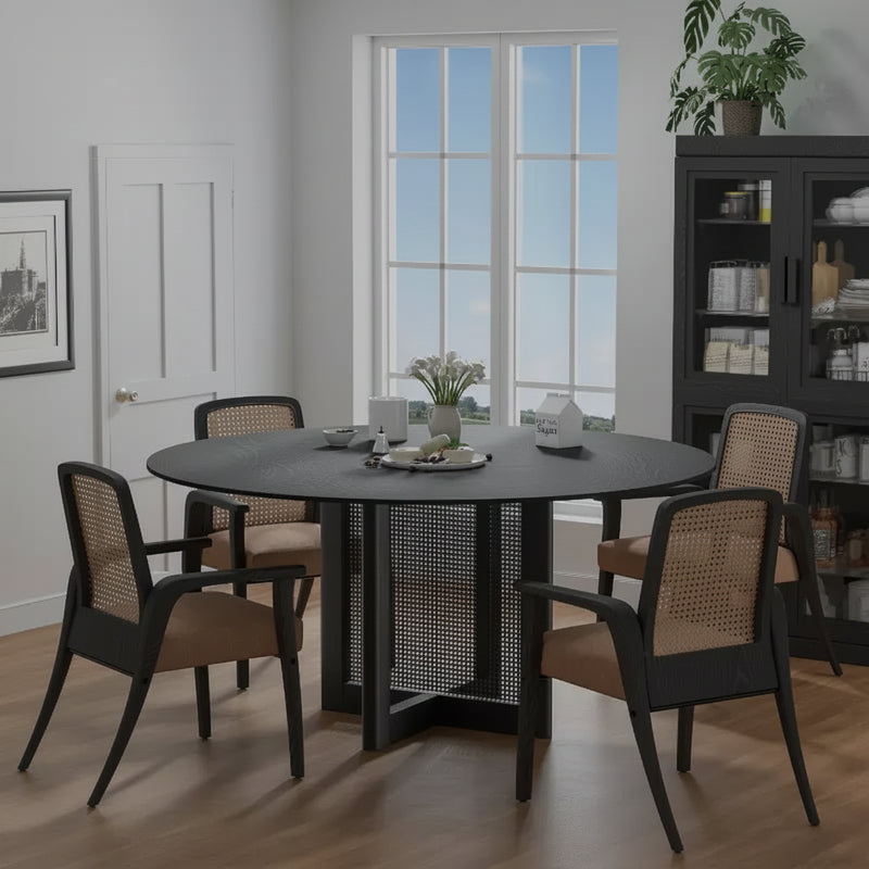 PexFix 60 x 60 Farmhouse Kitchen Dining Room Table Furniture Round Black Kitchen Table with Rattan Woven Legs for Kitchen Bar Living Room