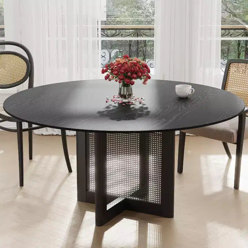 60-Inch Round Farmhouse Dining Table, Solid Wood Top with Rattan Woven Legs, Seats 8