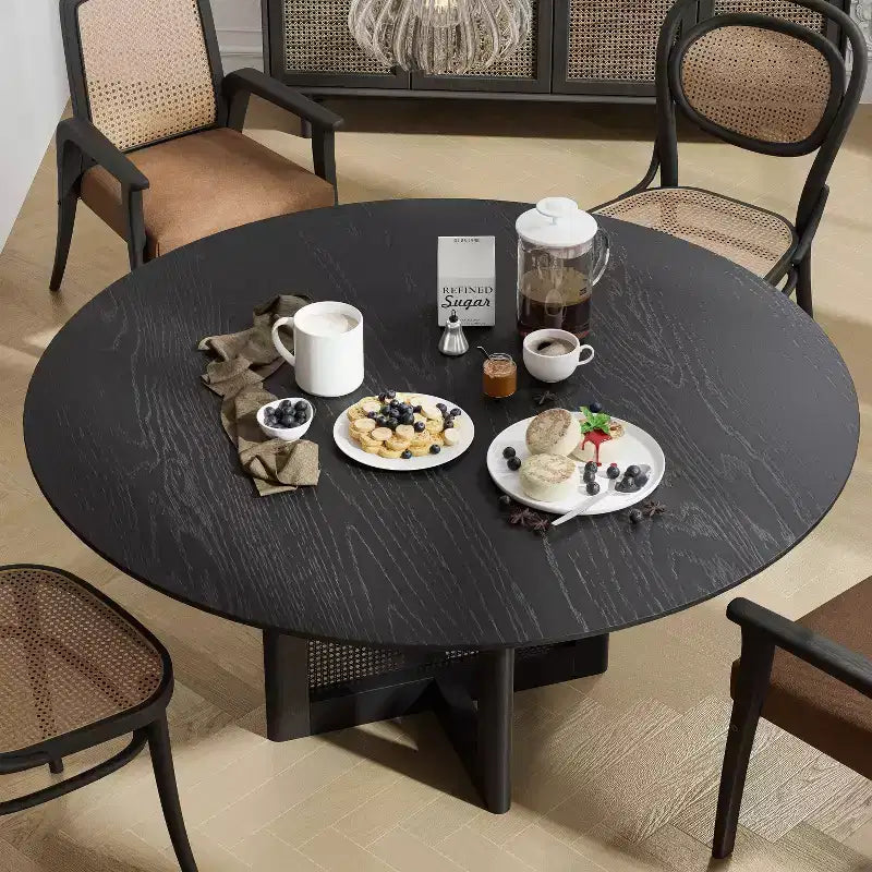 60-Inch Round Farmhouse Dining Table, Solid Wood Top with Rattan Woven Legs, Seats 8