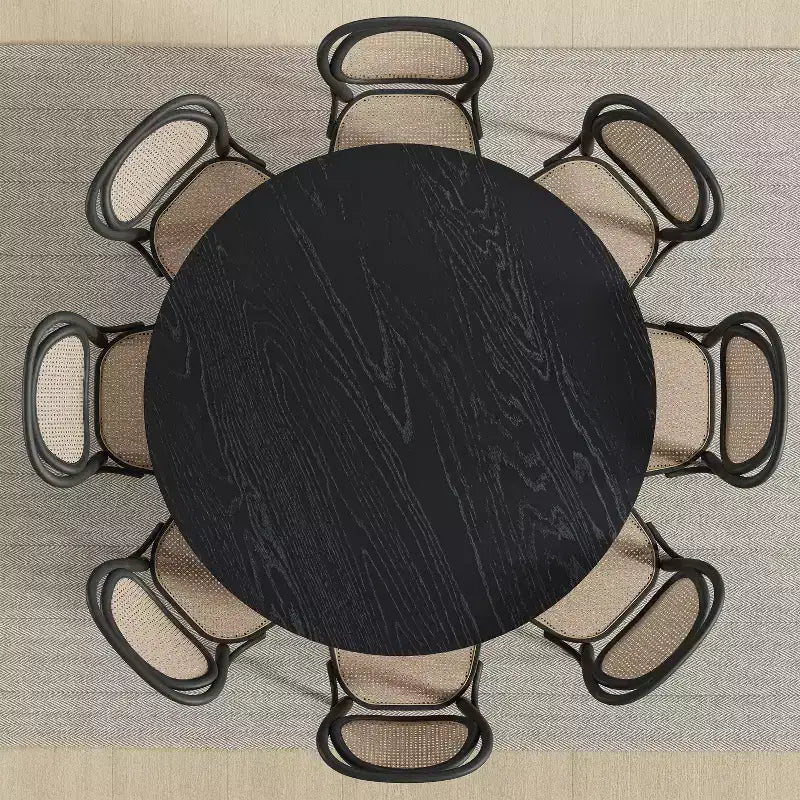 60-Inch Round Farmhouse Dining Table, Solid Wood Top with Rattan Woven Legs, Seats 8