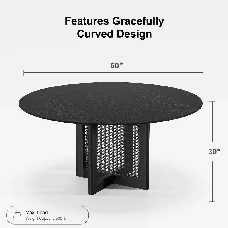60-Inch Round Farmhouse Dining Table, Solid Wood Top with Rattan Woven Legs, Seats 8