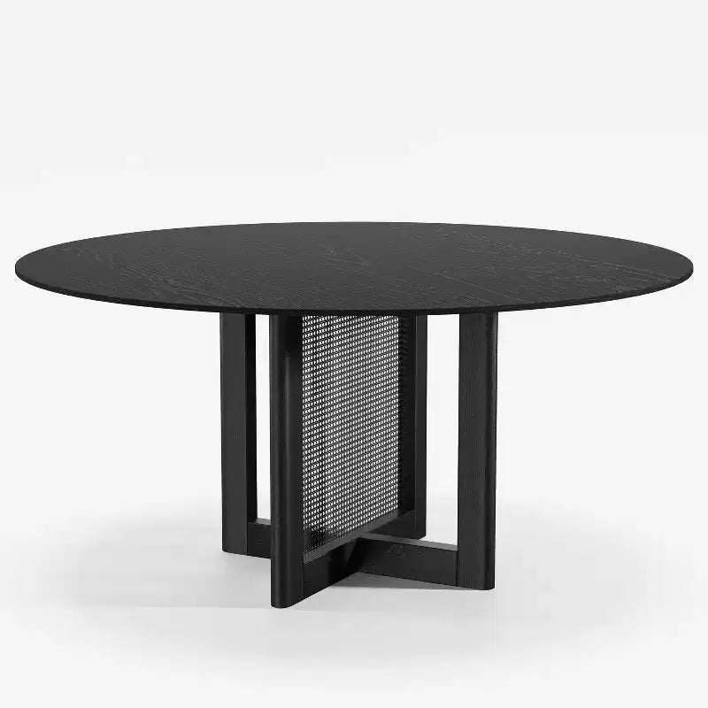 60-Inch Round Farmhouse Dining Table, Solid Wood Top with Rattan Woven Legs, Seats 8