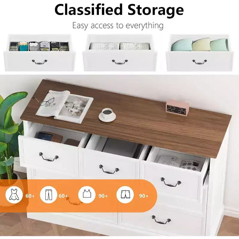 7-Drawer Wood Dresser Chest, Rustic Farmhouse Storage Organizer for Bedroom, Living Room, Hallway