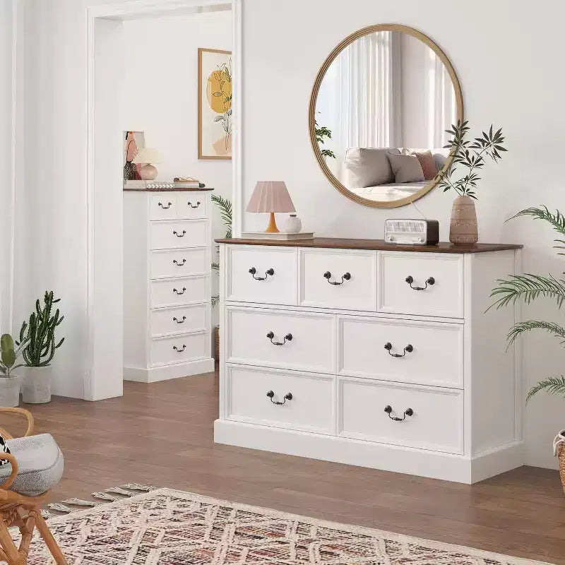 7-Drawer Wood Dresser Chest, Rustic Farmhouse Storage Organizer for Bedroom, Living Room, Hallway