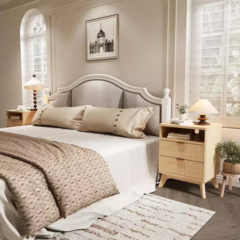 Fluted Nightstand with USB Ports, 2 Drawers and Open Shelf