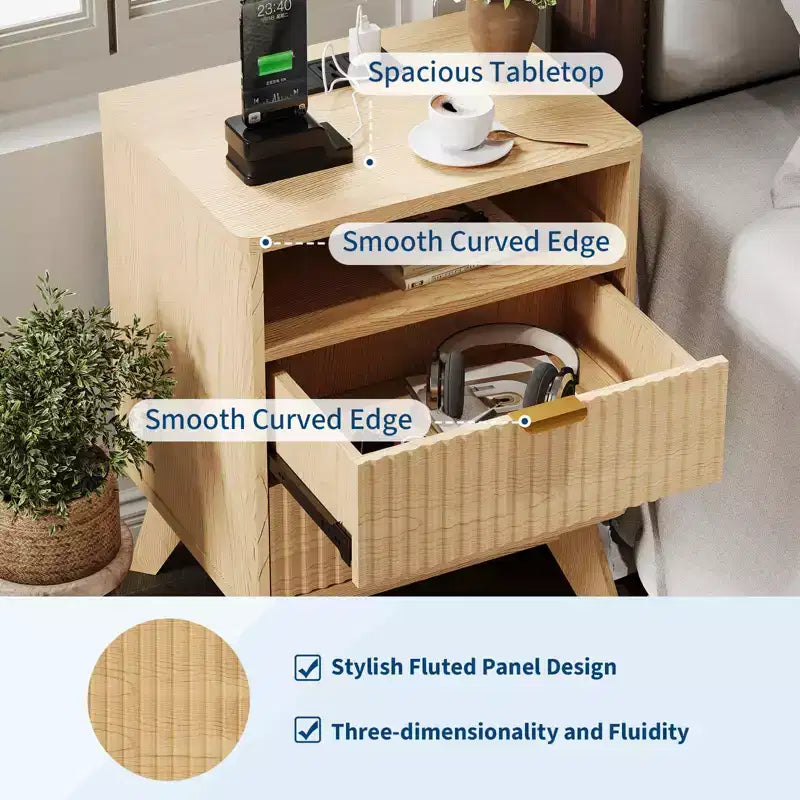 Fluted Nightstand with USB Ports, 2 Drawers and Open Shelf