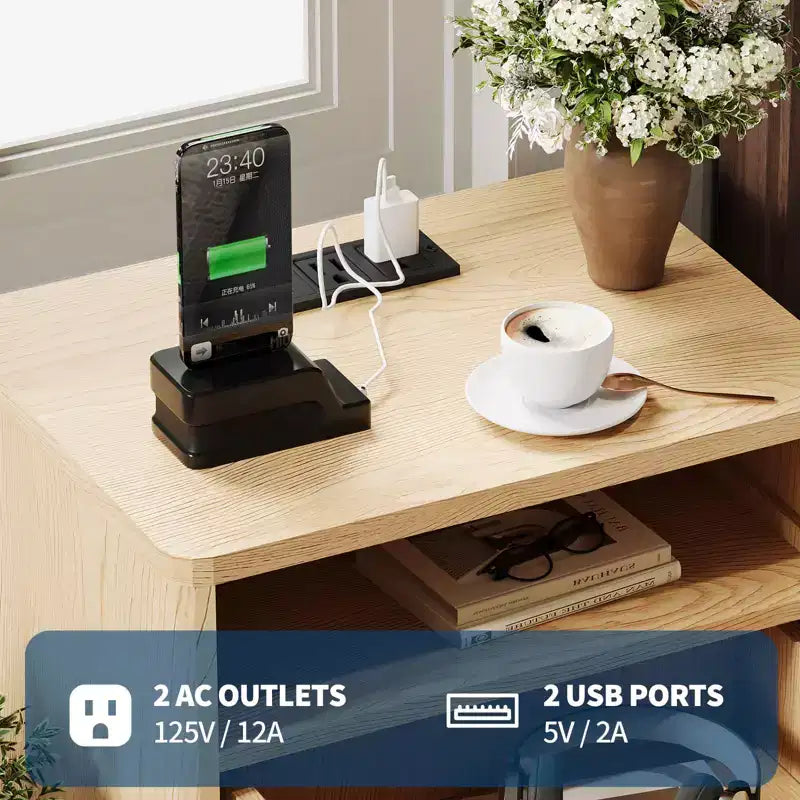Fluted Nightstand with USB Ports, 2 Drawers and Open Shelf