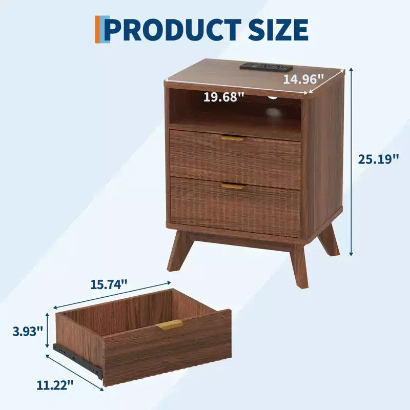 Fluted Nightstand with USB Ports, 2 Drawers and Open Shelf