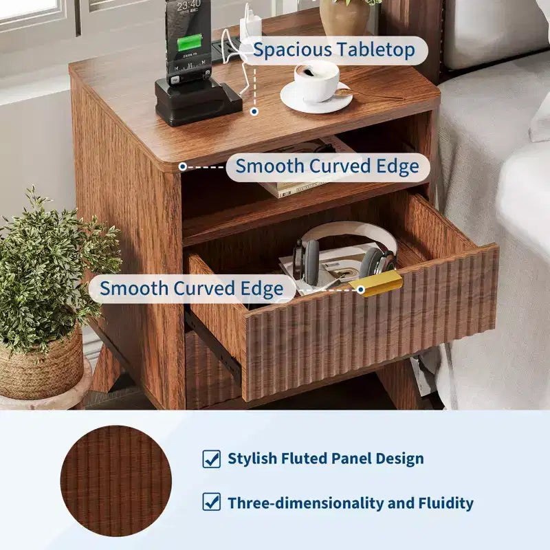 Fluted Nightstand with USB Ports, 2 Drawers and Open Shelf