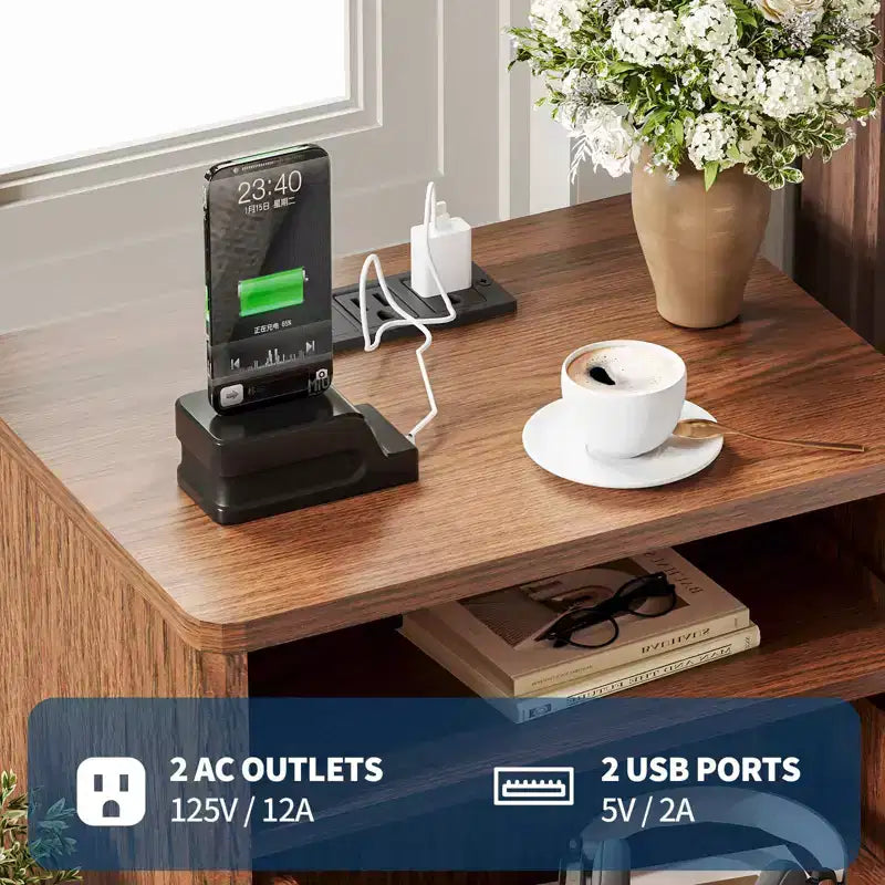 Fluted Nightstand with USB Ports, 2 Drawers and Open Shelf