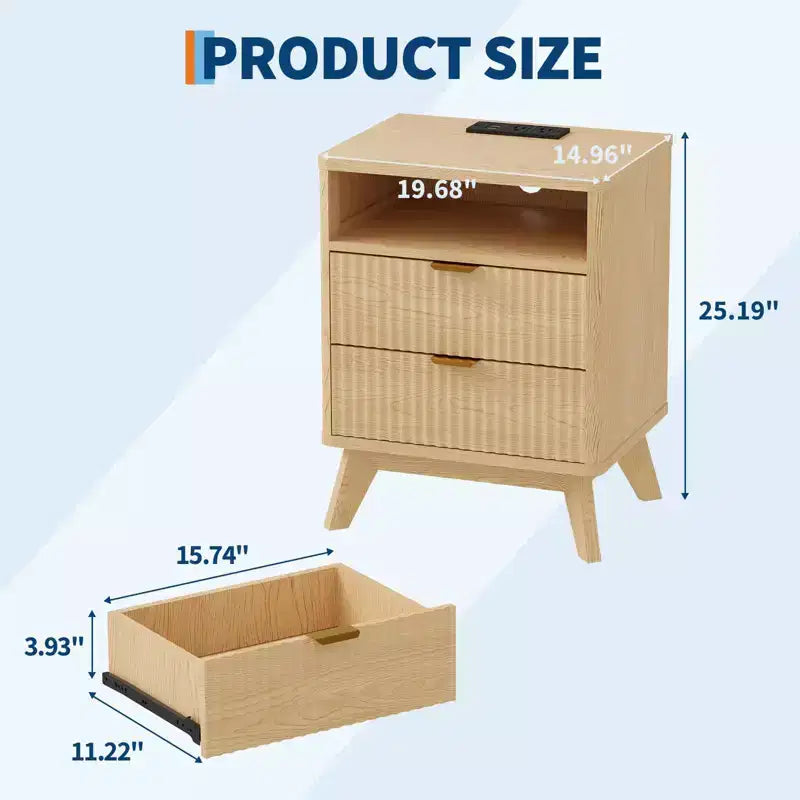 Fluted Nightstand with USB Ports, 2 Drawers and Open Shelf