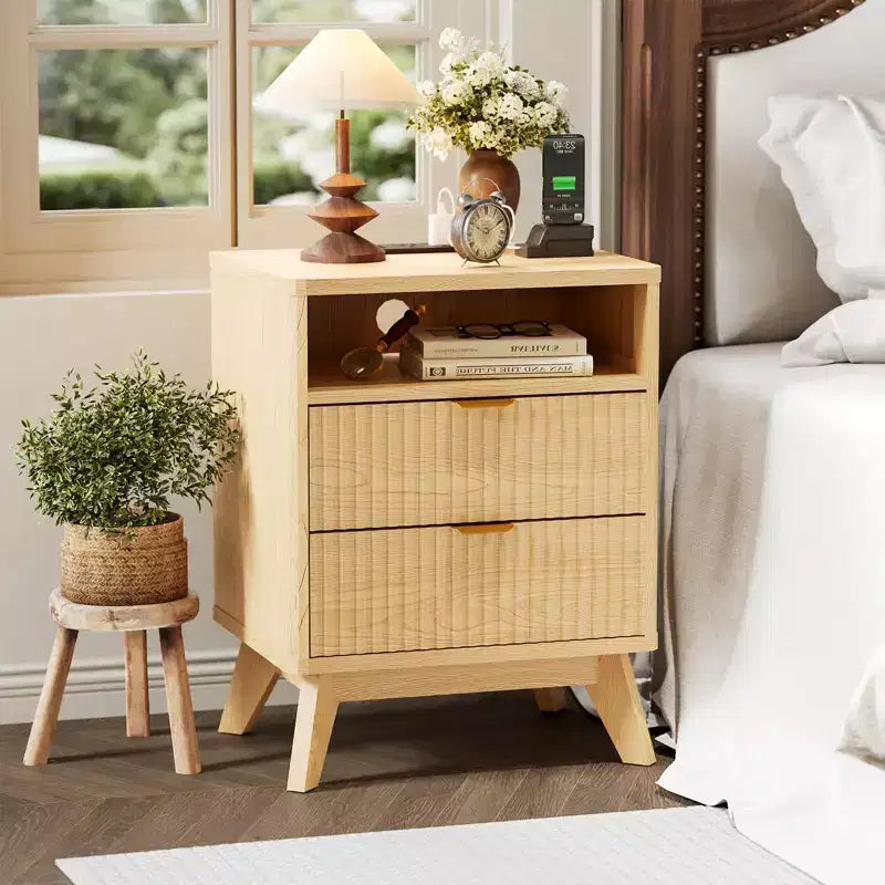 Fluted Nightstand with USB Ports, 2 Drawers and Open Shelf