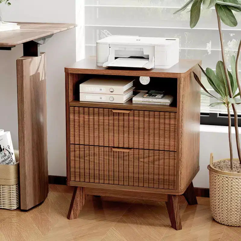 Fluted Nightstand with USB Ports, 2 Drawers and Open Shelf
