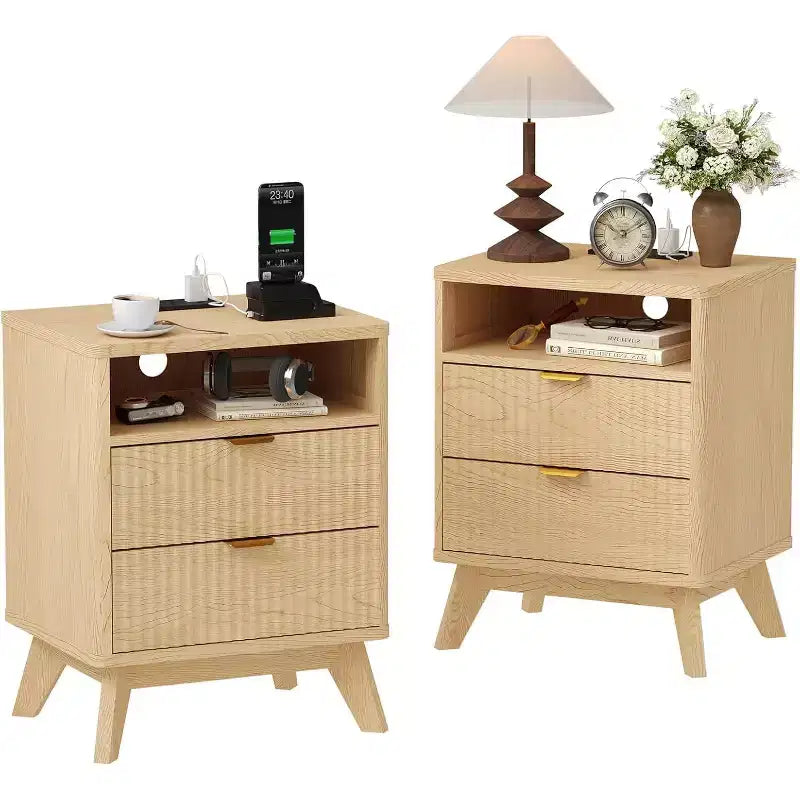 Fluted Nightstand with USB Ports, 2 Drawers and Open Shelf